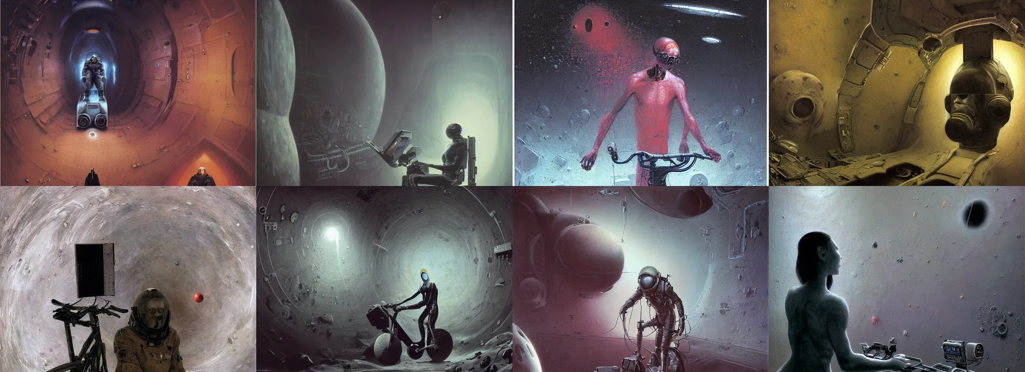 Prompt: portrat soviet cosmonavt on exercise bike in the dirty cave, moscow metro, space travel, art by beksinski and stephan martiniere, japan poster, fatal, singularity, cold, claustrophobia