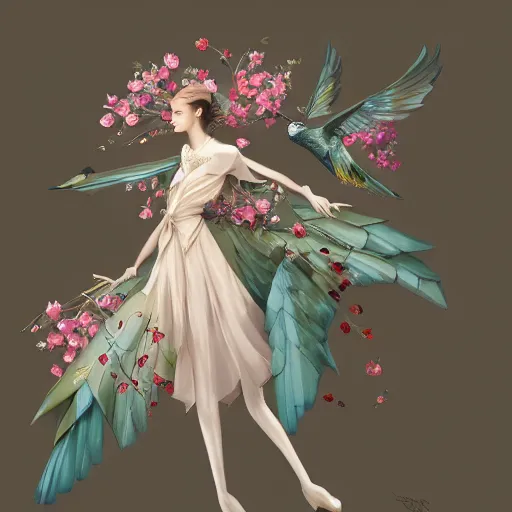 Image similar to 3 / 4 view of a beautiful girl wearing an origami dress, eye - level medium shot, fine floral ornaments in cloth and hair, hummingbirds, elegant, by eiko ishioka, givenchy, tyler edlin, by peter mohrbacher, centered, fresh colors, origami, fashion, detailed illustration, vogue, japanese, reallusion character creator