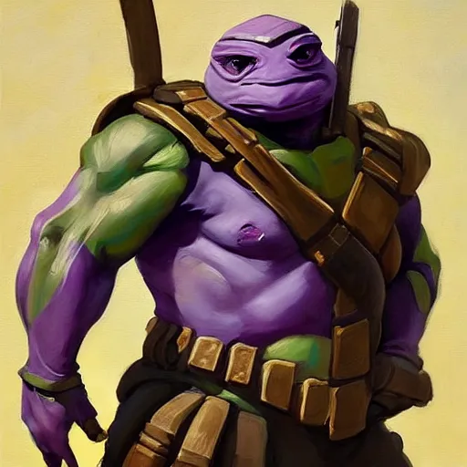 Image similar to greg manchess portrait painting of armored donatello of tmnt as overwatch character, medium shot, asymmetrical, profile picture, organic painting, sunny day, matte painting, bold shapes, hard edges, street art, trending on artstation, by huang guangjian and gil elvgren and sachin teng