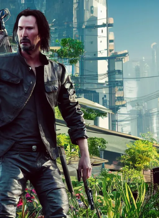 Prompt: wake up samurai, solarpunk, lots of plants, gardening, permaculture, keanu reeves as johnny silverhand, cyberpunk 2 0 7 7, anarchy, realistic, ultra detailed