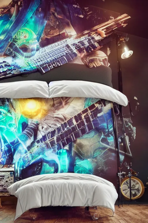 Prompt: photo of bedlinen in a modern bedroom, band merchandise, bandname is tripmachine, tourname is invasion of the tripmachines, realistic digital art, textured with a 3 d render of a huge futuristic steampunk generator, 8 k, fluorescent colors, halluzinogenic, multicolored, exaggerated detailed, unreal engine