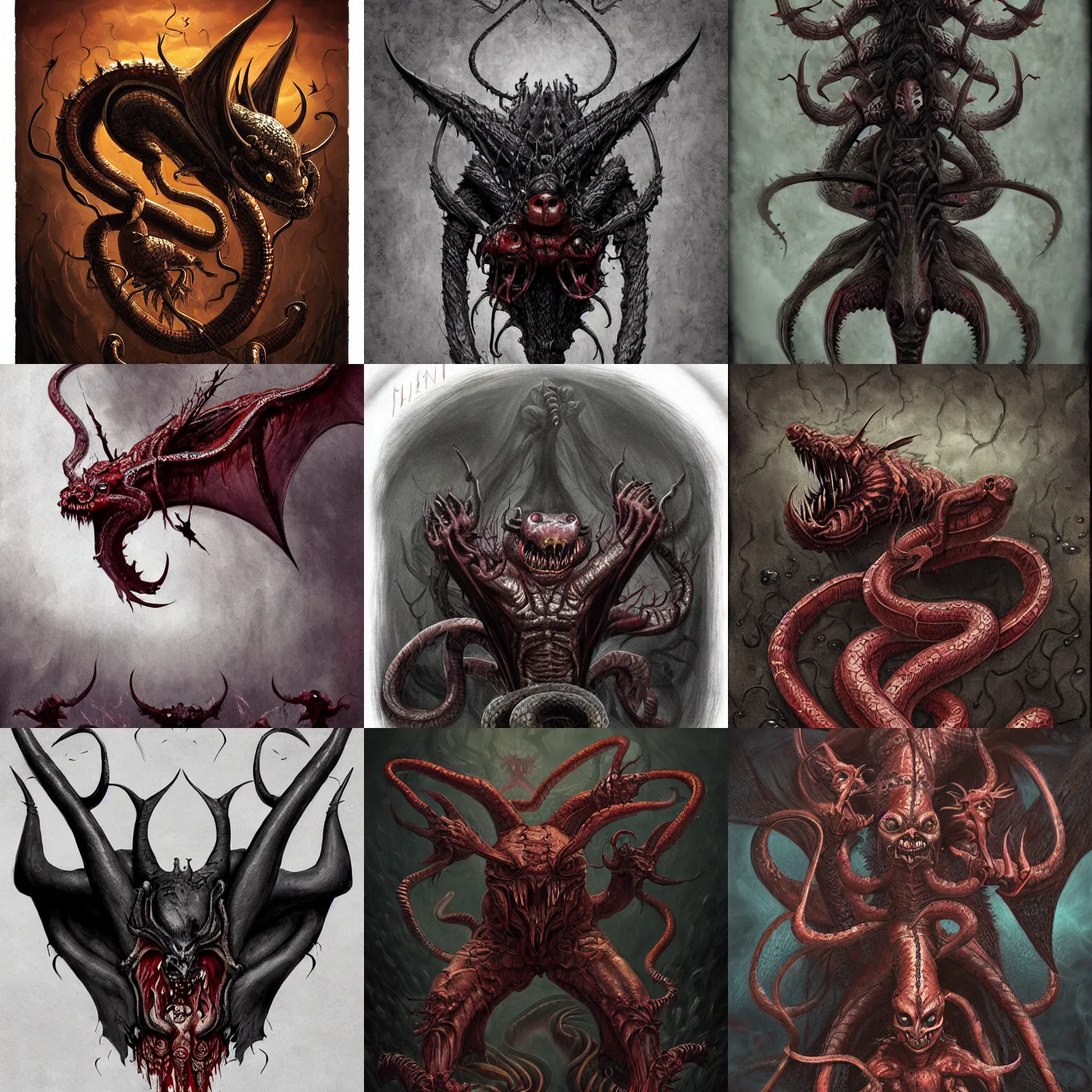 Prompt: demon parasite, three headed bat, snake tail in hell, tumblr, digital art, concept art, fantasy, dungeons and dragons, horror, painted, terror, leesha hannigan, wayne haag, reyna rochin, ignacio fernandez rios, mark ryden, iris van herpen, best on artstation, best on cgsociety