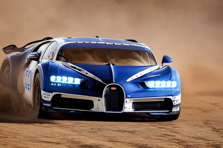 Prompt: bugatti chiron, dakar rally footage, speed, bladerunner