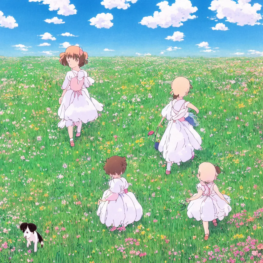 Image similar to little girl in princess dress with her puppy, walking through a field of flowers, puffy clouds, beautiful, summer, calm, studio ghibli, art by hayao miyazaki, makoto shinkai