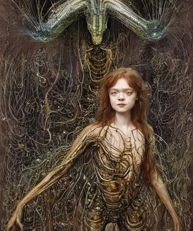 Prompt: a portrait photograph of a worried sadie sink as a strong alien harpy queen with amphibian skin. she trying on a glowing and black lace shiny metal slimy organic membrane parasite and transforming into an evil insectoid snake bird. by donato giancola, walton ford, ernst haeckel, peter mohrbacher, hr giger. 8 k, cgsociety