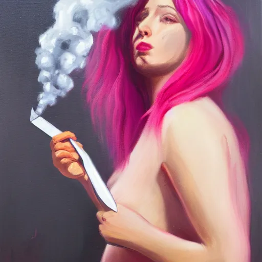 Prompt: person with pink hair holding a knife and smoking weed, cinematic, 4 k, oil painting