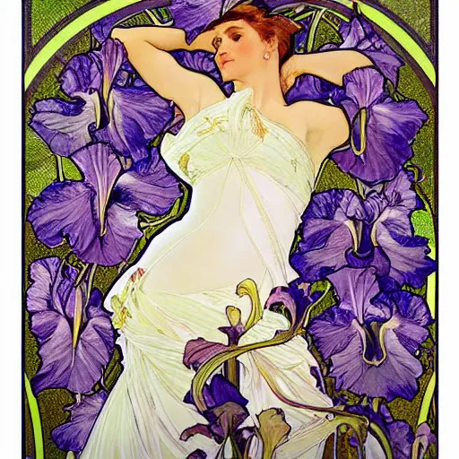 Image similar to a seamless pattern, a pattern of irises and calla lilies, repeating art, symmetry, aligned edges, art by alphonse mucha, art by sherree valentine daines