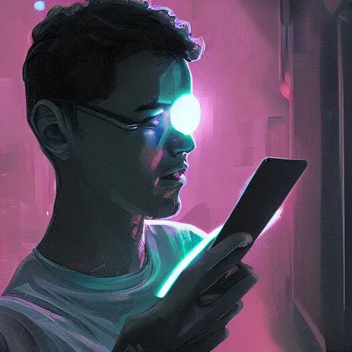 Prompt: young man looking at his phone sitting on a stool in a dark room with laser light, glistening skin, cyberpunk, art nouveau, dynamic lighting, high detail, concept art, artstation. by Paolo Eleuteri Serpieri