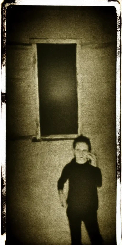 Prompt: still of a horrid vampiric creature hiding in a barn, horror movie, grainy, faded, polaroid, found footage