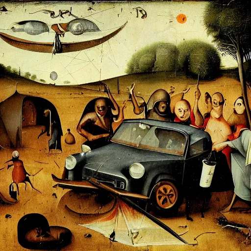 Image similar to alchemist camp in the outback with crashed car, hieronymus bosch