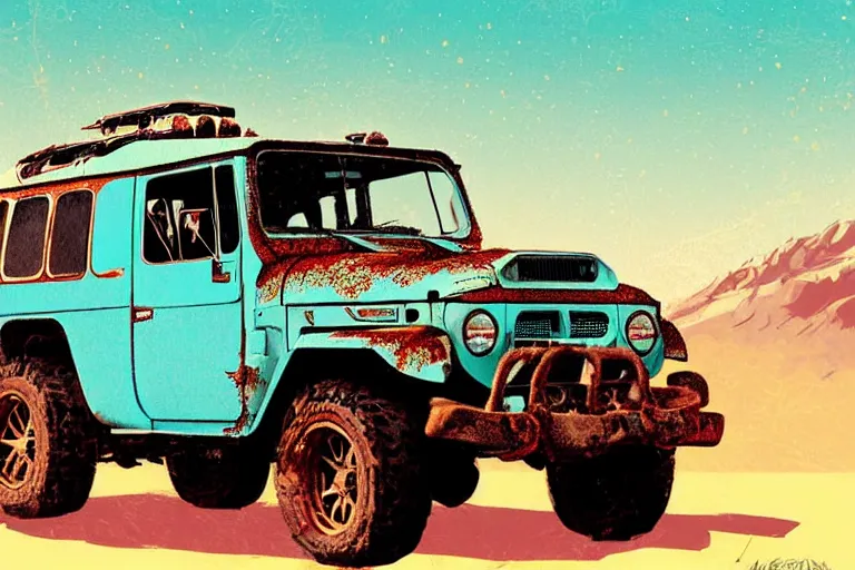 Image similar to digital illustration of a faded cyan mad max's fj 4 0 decrepit!!!! pursuit special, rusty!!! nissan fj cruiser heavily modded 1 9 9 0 s, the last v 8 interceptor by makoto shinkai, ilya kuvshinov, lois van baarle, rossdraws, basquiat