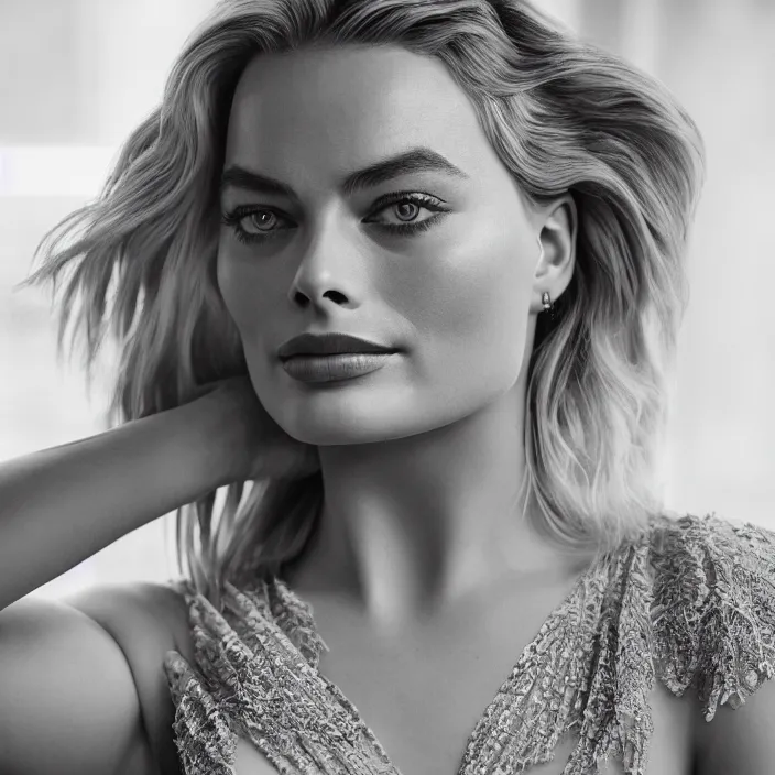 Image similar to portrait of Margot Robbie with larger bust wearing Kebaya, natural light, detailed face, CANON Eos C300, ƒ1.8, 35mm, 8K, medium-format print