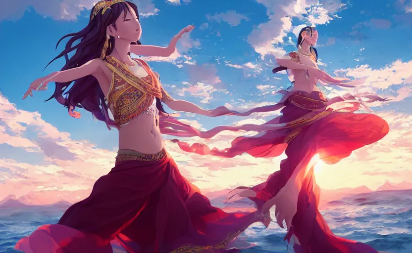 Image similar to Himalayan priestess dancing on water, beautiful flowing fabric, sunset, dramatic angle, realistic and detailed, by studio trigger, pixiv dslr photo by Makoto Shinkai rossdraws and Wojtek Fus