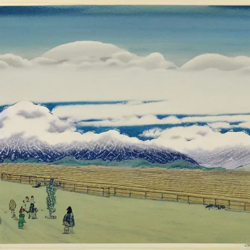 Prompt: clean grassland, snow - capped mountains in the distance, clouds in the sky, tsuguharu foujita