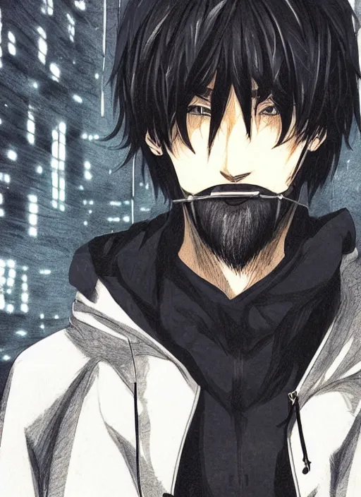 Image similar to manga cover, black-haired man wearing a black hoodie, stubble beard, thick eyebrows, short hair, intricate cyberpunk city, emotional lighting, character illustration by tatsuki fujimoto