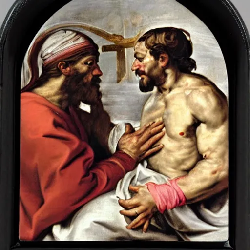 Prompt: the pope arm wrestling Jesus, 24mm Peter paul Rubens