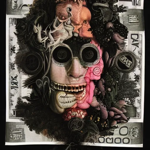 Image similar to post - punk new age album cover, white fabric banner on the top, asymmetrical design, dollar bank notes, capitalism, magic, apocalypse, psychedelic, black white pink, magic, giger h. r., giuseppe arcimboldo