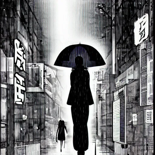 Prompt: a cyberpunk art tokyo night street, rain and fog by chris myers and junji ito