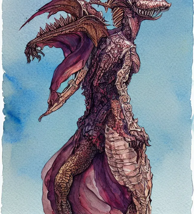 Prompt: a 3 / 4 view watercolor ink painting of a humanoid anthropomorphic dragon in a dress in the style of jean giraud in the style of moebius trending on artstation deviantart pinterest detailed realistic hd 8 k high resolution