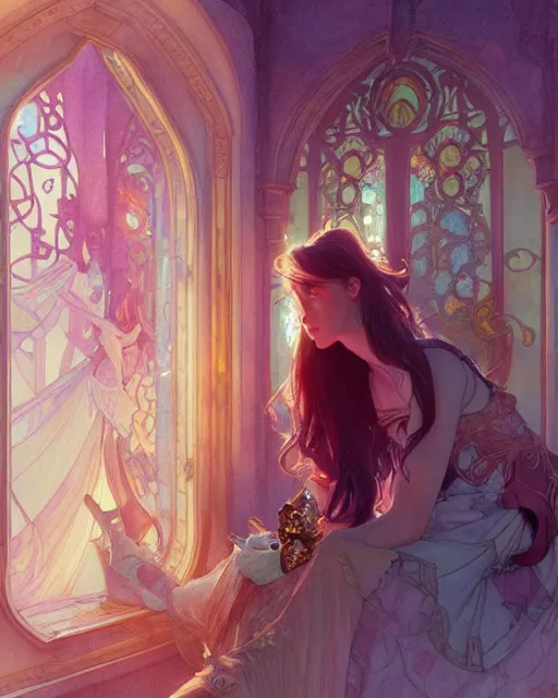 Image similar to secret romance, highly detailed, gold filigree, romantic storybook fantasy, soft cinematic lighting, award, disney concept art watercolor illustration by mandy jurgens and alphonse mucha and alena aenami, pastel color palette, featured on artstation