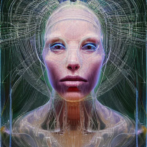 Image similar to portrait of a woman, covered in transparent cloth, glowing streaks of light, plastic, glowing eyes, flat background, Masterpiece, glowing, wires everywhere, by Edgar Maxence and Ross Tran, Zdzisław Beksiński, and Michael Whelan, distant, gustav dore, H.R. Giger, 8k, octane render