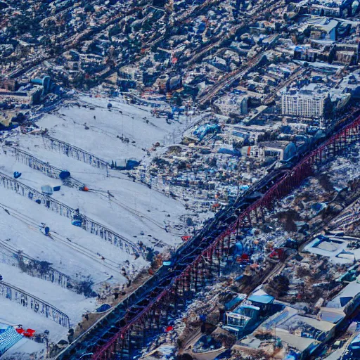 Prompt: santa monica pier covered in snow, aerial photo, sigma 2 4 mm