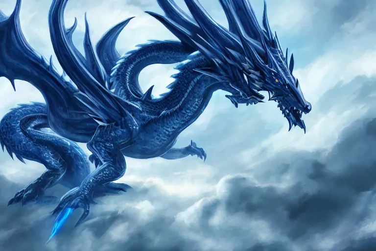 Image similar to majestic blue dragon surrounded by clouds and lightning, digital painting, mixed media, trending on artstation and deviantart, epic composition, centered, sharp focus, magnum opus, highly detailed, 8 k