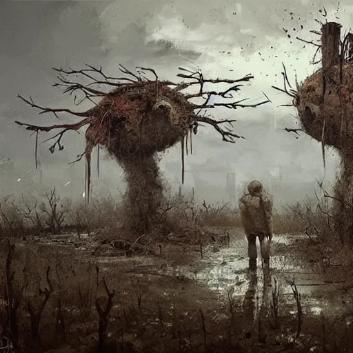 Image similar to painting of a abandoned post soviet town infested with humanoid root monsters by jakub rozalski