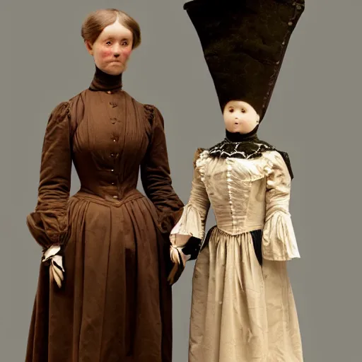 Prompt: portrait of a life size victorian female automaton standing with a child, 8 k, soft lighting, highly detailed realistic, face in focus 1 8 9 0's