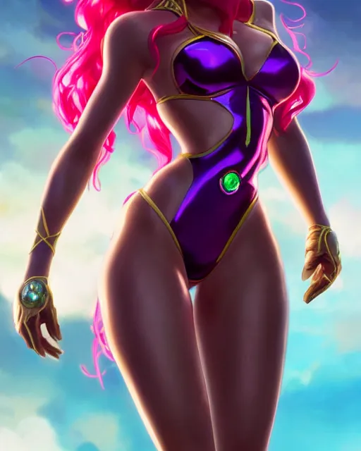 Image similar to ultra realistic photograph, bella thorne as starfire anime, shiny plastic bikini, intricate, elegant, highly detailed, digital painting, artstation, concept art, smooth, sharp focus, illustration, art by artgerm and greg rutkowski and alphonse mucha and wlop