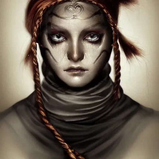 Image similar to portrait of a Shibari rope wrapped face and neck, headshot, insanely nice professional hair style, dramatic hair color, digital painting, of a old 15th century, young cyborg Rubber Nun, amber jewels, baroque, ornate clothing, scifi, realistic, hyperdetailed, chiaroscuro, concept art, art by Franz Hals and Jon Foster and Ayami Kojima and Amano and Karol Bak,