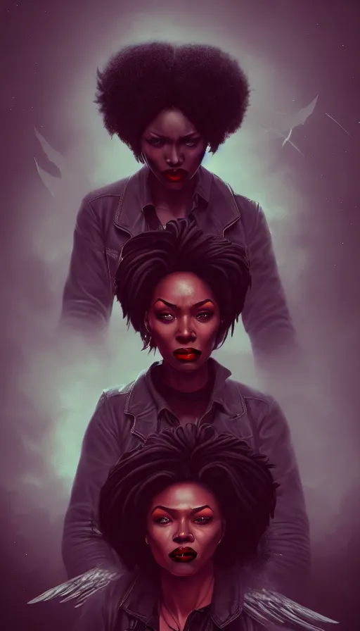 Image similar to gritty noir, black woman detective in nightmare, psychopath, angel, foreboding, planets, sky, dream, highly detailed, digital painting, refreshing, trending on artstation, octane render, illustration by james jean