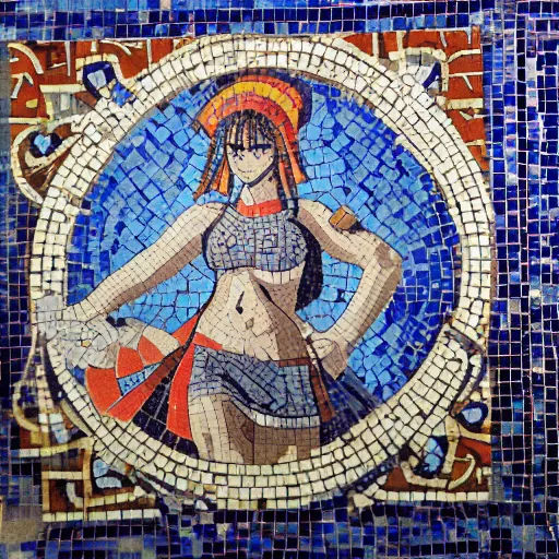 Image similar to ancient Roman tile mosaic depicting cyberpunk anime girl