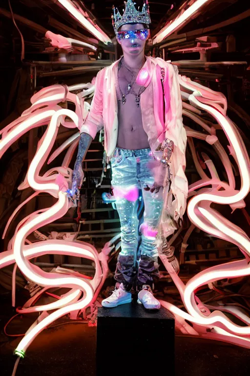 Prompt: full-body rococo and cyberpunk style neon statue of a young attractive Liam Payne wearing cholo shades macho dotado e rico android sim roupa reclining con las piernas abertas e la piroca dura, ethereal white dripping tar, glowing white lasers, pink tigers, glowing eyes, silver prince crown, black gears, pink diamonds, swirling mint-colored silk fabric. futuristic elements. full-length view. human skulls. large intricate artwork by caravaggio. Trending on artstation, octane render, cinematic lighting from the right, hyper realism, octane render, 8k, depth of field, 3D