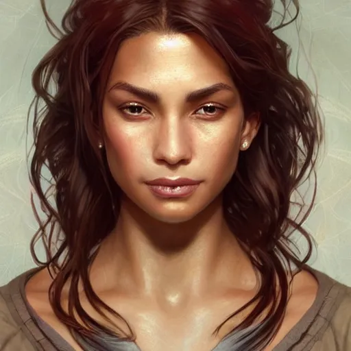 Image similar to beautiful, very strong, mixed race, female, aged 4 0, face, no makeup, head shot, fantasy, highly detailed, digital painting, artstation, concept art, sharp focus, illustration, art by artgerm and greg rutkowski and alphonse mucha