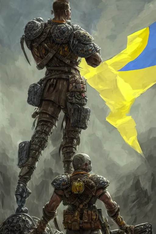 Image similar to a distant shot from behind of a Ukrainian super soldier with blue and yellow flag behind him standing alone on a huge pile of skulls as a winner, masculine muscular figure, D&D, fantasy, intricate, elegant, highly detailed, extremely detailed, digital painting, artstation, concept art, matte, sharp focus, symmetrical, illustration, art by Artgerm and Greg Rutkowski and Alphonse Mucha