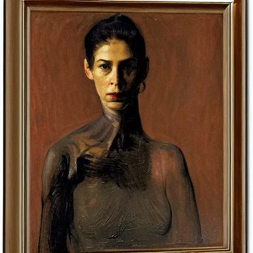 Prompt: frontal portrait of a scifi woman, by thomas eakins