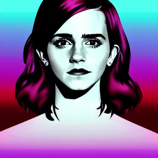 Image similar to a closeup of emma watson, in retro colors, synthwave style, 2 d digital vector art