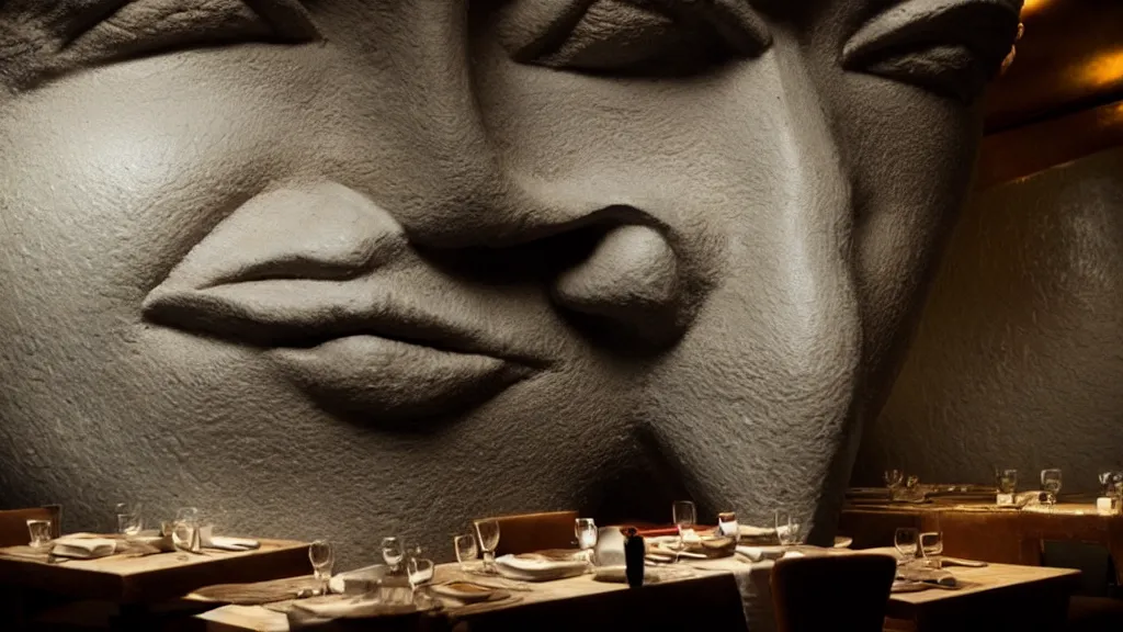 Image similar to the giant nose in the restaurant, made of water, film still from the movie directed by Denis Villeneuve with art direction by Salvador Dalí, wide lens