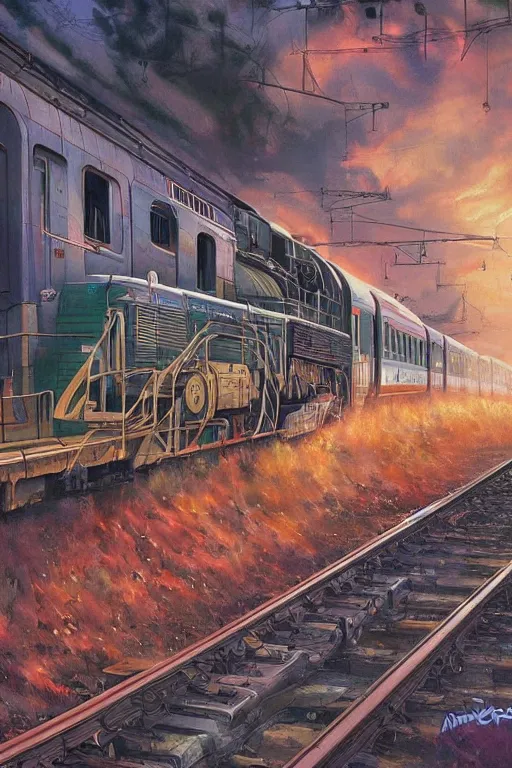 Prompt: trains covered in dripping graffiti paint, by tom lovell and greg staples and hiroshi yoshida and moebius and loish and artgerm, painterly, illustration, sunset lighting