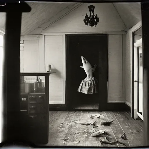 Prompt: a giant shark on the floor inside of a warmly - lit victorian - era home, looking out the window into a large front yard populated with willow trees, faded daguerreotype, 1 9 1 0 s photography brian skerry paul fusco