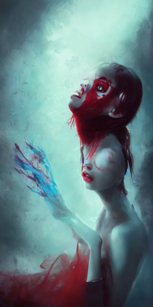 Image similar to shot of sinister girl with pouty aerochrome ( ( ( ( ( lips ) ) ) ) ), fungal, adorable, expressive eyes, playful pose of a dancer, greg rutkowski, charlie bowater, yuumei, stephen gammell, unreal 5, daz, hyperrealistic, octane render, dark, dynamic lighting, fantasy art, beautiful face