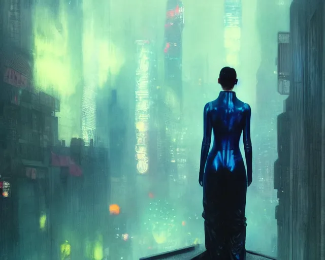 Image similar to 2 0 1 8 blade runner movie still girl look at the cityscape from roof perfect face fine realistic face pretty face reflective polymer suit tight neon puffy jacket blue futuristic sci - fi elegant by denis villeneuve tom anders zorn hans dragan bibin thoma greg rutkowski ismail inceoglu illustrated sand storm alphonse mucha