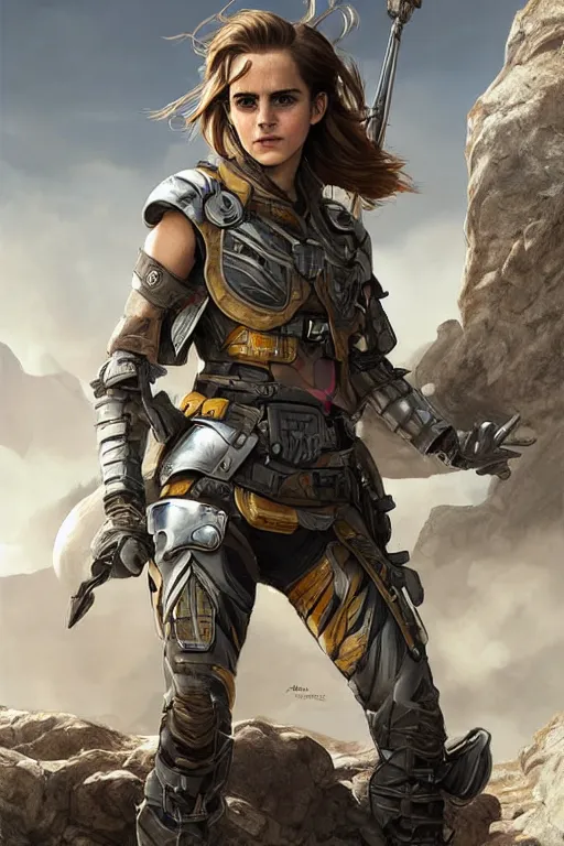 Prompt: Emma Watson in Apex Legends Armor dropping into battle character digital illustration portrait design by, Mark Brooks and Brad Kunkle detailed, gorgeous lighting, wide angle dynamic portrait