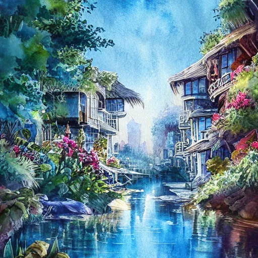 Prompt: Beautiful happy picturesque charming sci-fi town in harmony with nature. Beautiful light. Water and plants. Nice colour scheme, soft warm colour. Beautiful detailed artistic watercolor by Lurid. (2022)