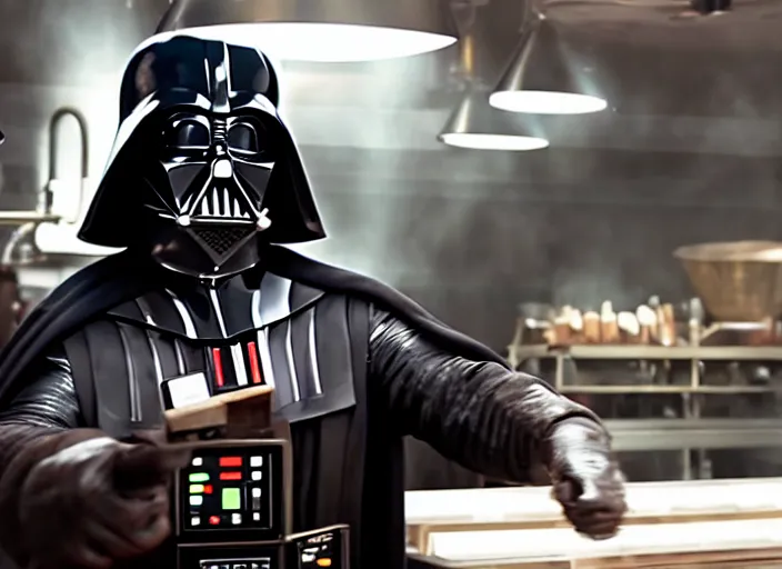 Image similar to film still of Darth Vader working as a chocolatier in the new Star Wars movie, 4k