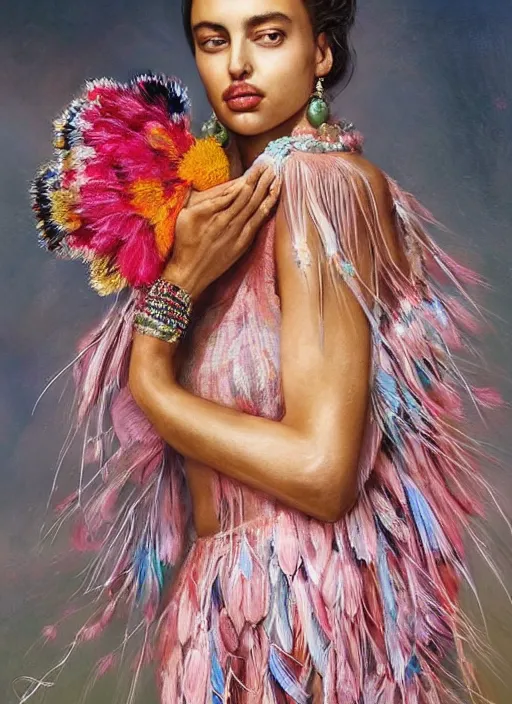 Prompt: beautiful portrait of Irina Shayk wearing fantastic Hand-dyed cotton dress,embellished beaded feather decorative fringe knots ,colorful pigtail,subtropical flowers and plants,intricate,elegant,highly detailed,8k,post-processing,digital painting,trending on pinterest,VOGUE,concept art, sharp focus, illustration, by artgerm,Tom Bagshaw,Lawrence Alma-Tadema,greg rutkowski,alphonse Mucha