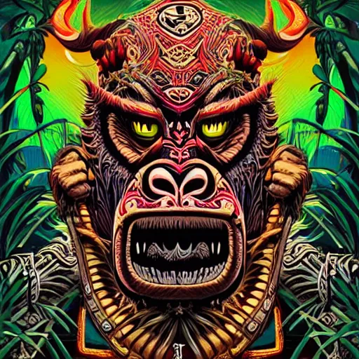 Image similar to barong family member with face and hands crossed, wiwek, mara demon, one single tribe member, jungle, one single mask, dark, ancient warrior, gorilla, lizard, tribal, inner glow, art by dan mumford and justin gerard