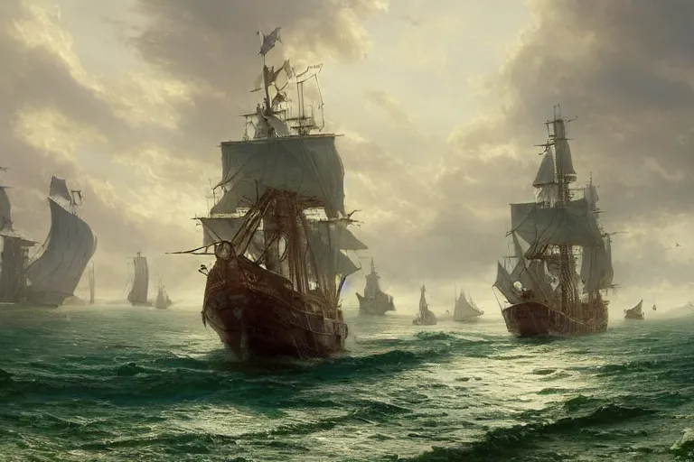 Prompt: highly detailed 4K fantasy matte painting of a single huge pirate ship galleon sailing into a harbor town large white sails green landscape digital art by Greg Rutkowski and Thomas Kinkade, trending on Artstation