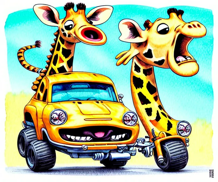 Prompt: cute and funny, giraffe wearing a helmet riding in a tiny hot rod with oversized engine, ratfink style by ed roth, centered award winning watercolor pen illustration, isometric illustration by chihiro iwasaki, edited by range murata, tiny details by artgerm and watercolor girl, symmetrically isometrically centered